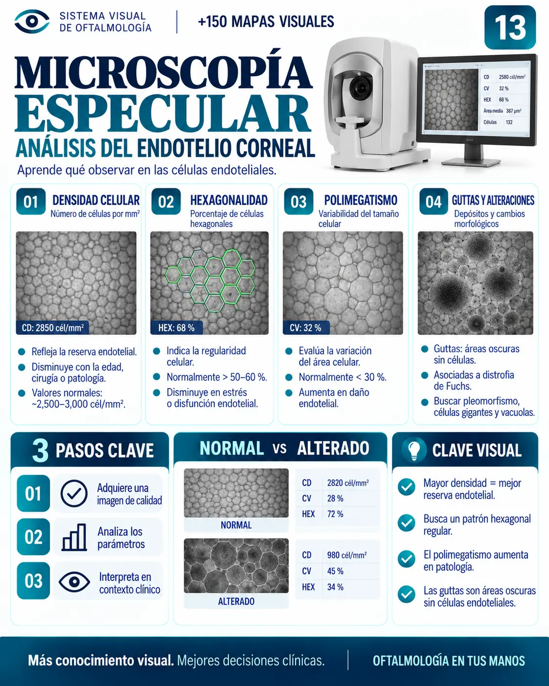 Mapa visual 13: Microscopía Especular — Análisis del endotelio corneal