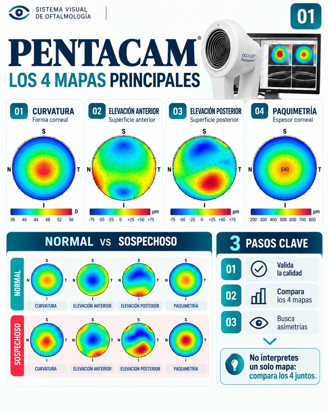 Mapa visual 01: Pentacam — Cómo interpretar los 4 mapas principales