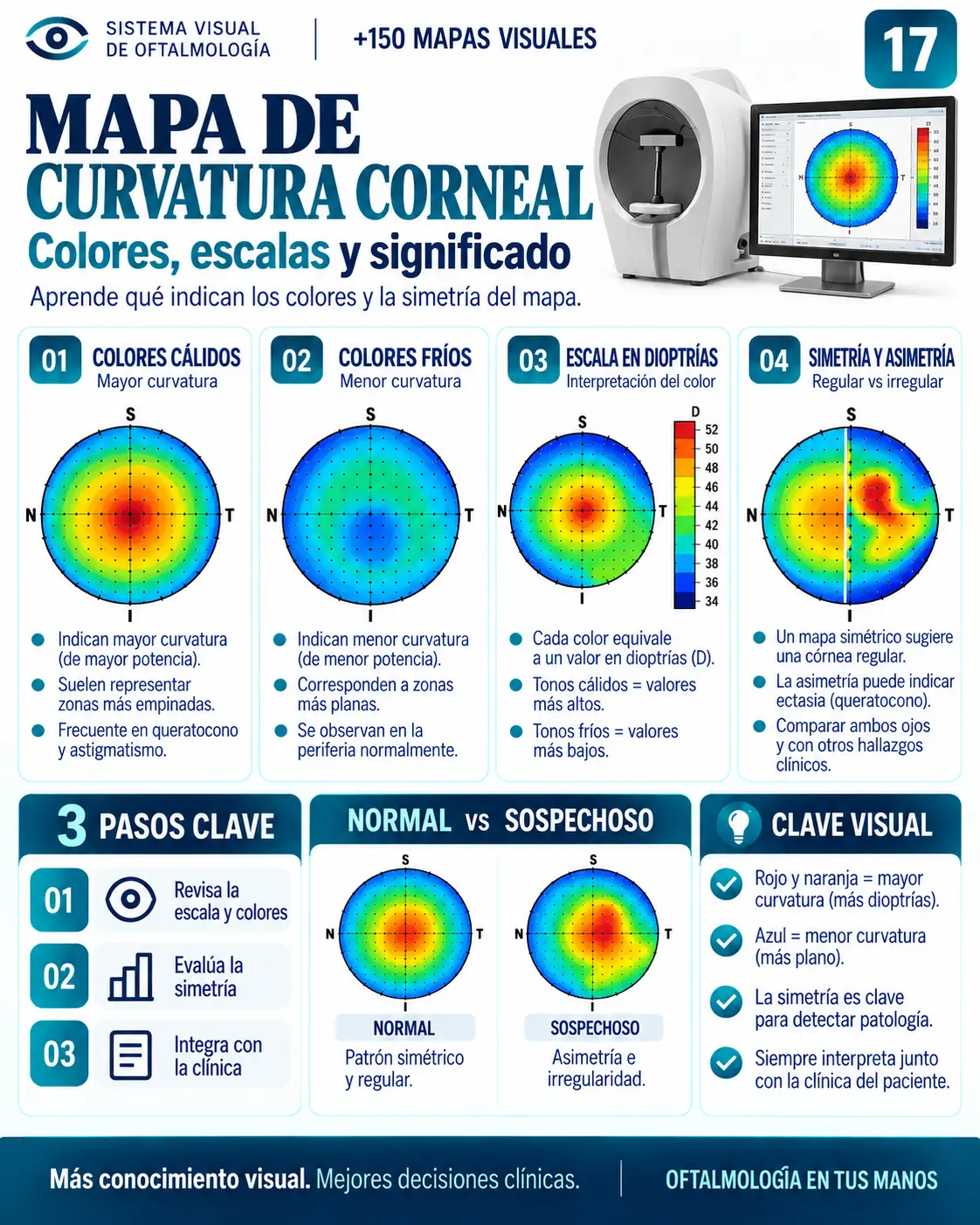 Mapa visual 17: Mapa de Curvatura Corneal — Colores, escalas y significado